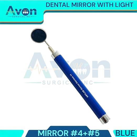 2 Pack - Dental Teeth Examination Mirror Handles with Mirror Heads #4 + #5 - with Illumination Light - Black and Blue Handles - German Stainless