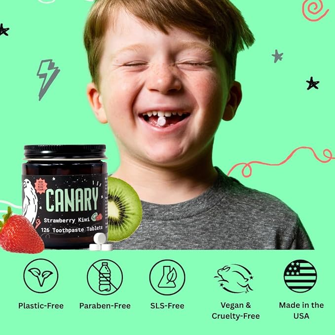 Canary Nano Hydroxyapatite Toothpaste Tablets Strawberry Kiwi - Remineralizing, Fluoride Free, All Natural Tabs with Xylitol - Great for Kids, Plastic Free - 126 Count