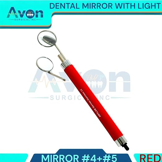 1pcs Dental Mirror Handle with Light Built-in, 2 Mirror Heads (#4 + #5), Red Handle, Anti-Fog Mirrors, Dentist Instrument Tools for Oral Examinations