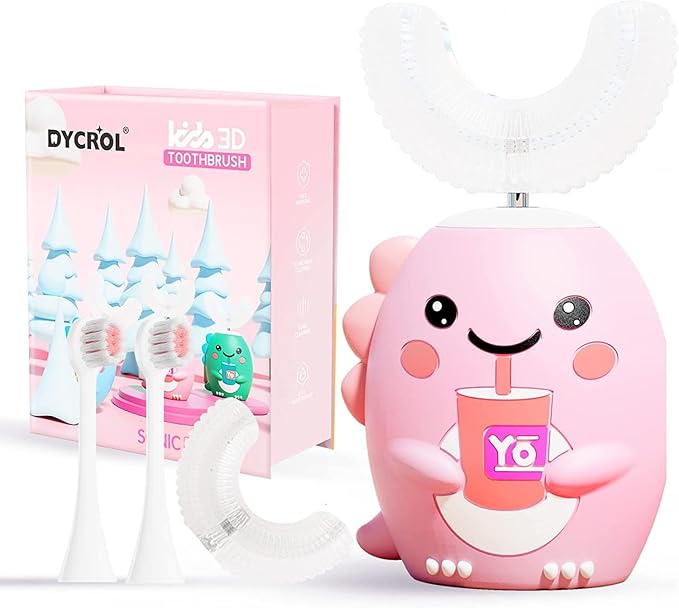 Kids U Shaped Electric Toothbrush with 4 Brush Heads, Sonic Toothbrush Kids with 5 Modes, Cartoon Dinosaur 360-Degree Cleaning IPX7 Waterproof Design (6-12 Age (Pink))