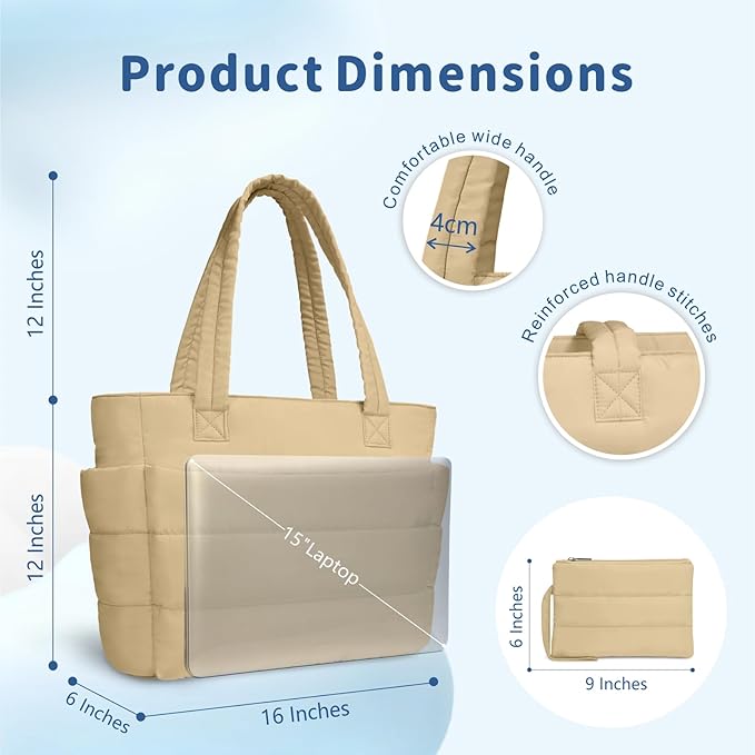 TOPDesign Puffer Tote Bag for Women, Lightweight Puffy Handbag with Compartments, Quilted Shoulder Bag for Work, Travel, Gym