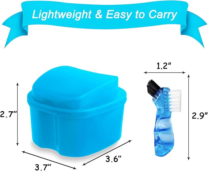 2 Pack Denture Case Dental Mouthguard Case, Denture Bath Box Cleaning with Brush, Strainer Basket and Lid Waterproof - Purple and Blue