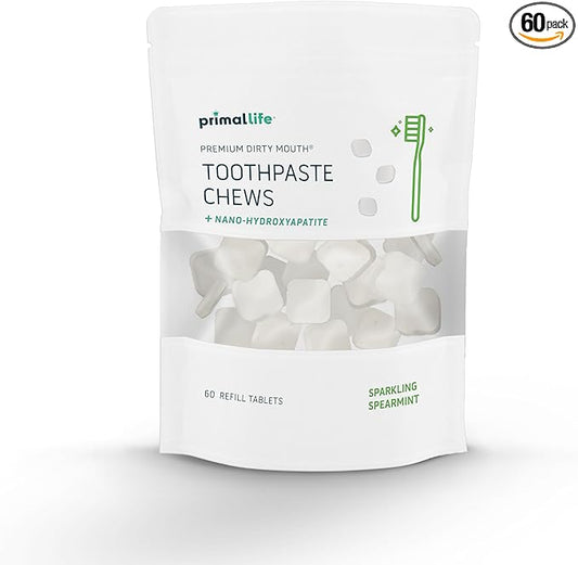 Primal Life Organics Premium Dirty Mouth Toothpaste Chews – Nano-Hydroxyapatite Whitening Toothpaste Tablets for Adults - Gluten Free, Vegan, Paleo - 60 Tablets in Bag - Sparkling Spearmint