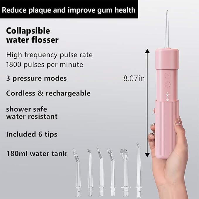 Portable Mini Water Flosser, Oral Irrigator Water Teeth Cleaner Pick with Telescopic Water Tank,3 Modes & IPX7 Waterproof, Home & Travel (Pink)