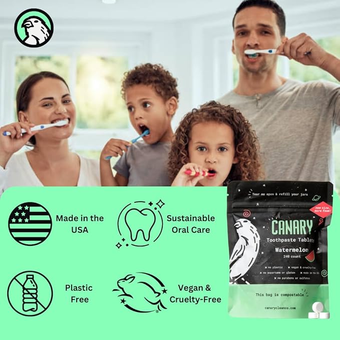 Canary Nano Hydroxyapatite Toothpaste Tablets Watermelon - Remineralizing, Fluoride Free, All Natural Tabs with Xylitol - Great for Kids, Plastic Free - 240 Count
