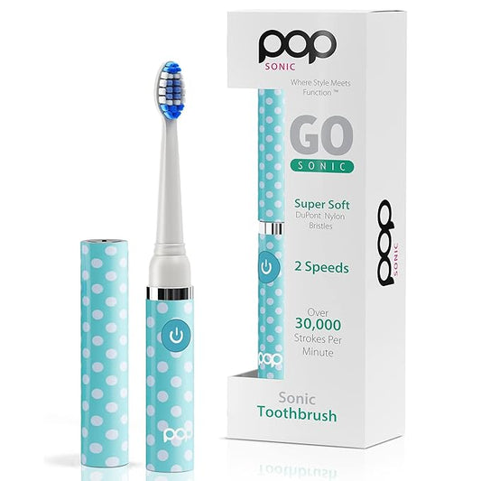 Pop Sonic Electric Toothbrush (Blue Dots) - Travel Toothbrushes w/AAA Battery | Kids Electric Toothbrushes with 2 Speed & 15,000-30,000 Strokes/Minute, Dupont Nylon Bristles