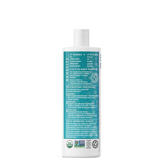 Essential Oxygen Certified BR Organic Brushing Rinse, All Natural Mouthwash for Whiter Teeth, Fresher Breath, and Happier Gums, Alcohol-Free Oral Care, Peppermint, 16 Ounce, Package may vary