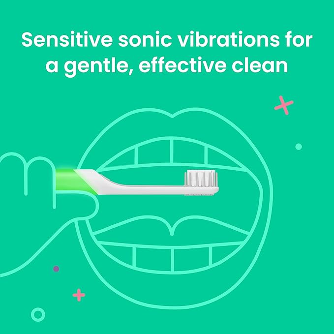 Quip Sonic Toothbrush for Kids with Timer - Includes Extra Brush Head and Travel Cover Mount - Electric, Soft Bristle Refill Head, Rubber Handle, 3 Month Battery Life - Glow in The Dark, Green