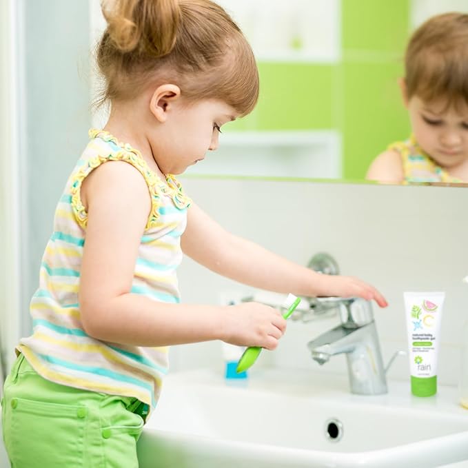 Rain Natural Baby Fluoride Free Kids Toothpaste Gel - Safe to Swallow Infant Toddler Tooth Paste, 2.8 Oz, Babies Training, Ages 6 to 12 months and Up Vitamin C Watermelon Toothpaste for Kids 0-6 years