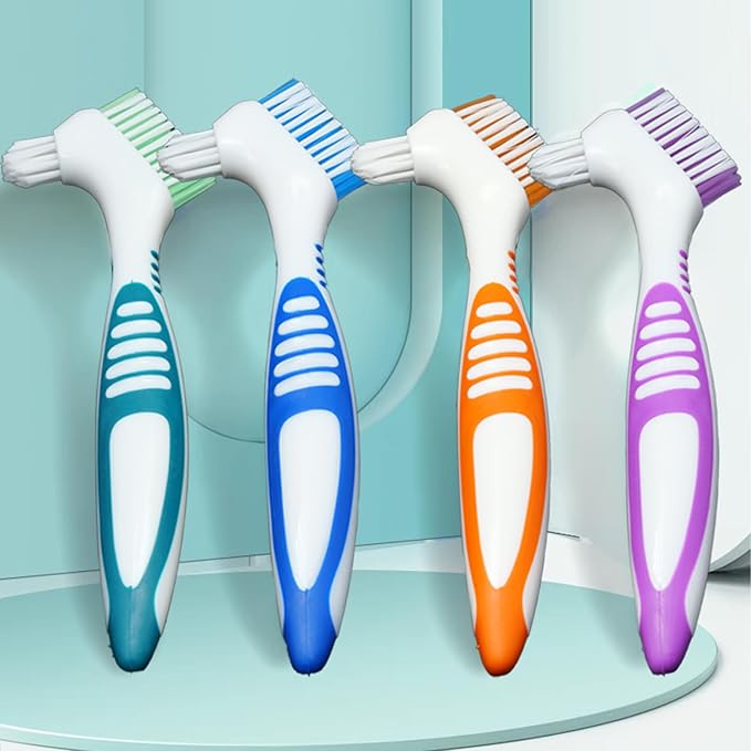 2Pcs Denture Brush Dual Head Toothbrushes False Teeth Brush Denture Cleaning Kit Toothbrush(Purple Green)