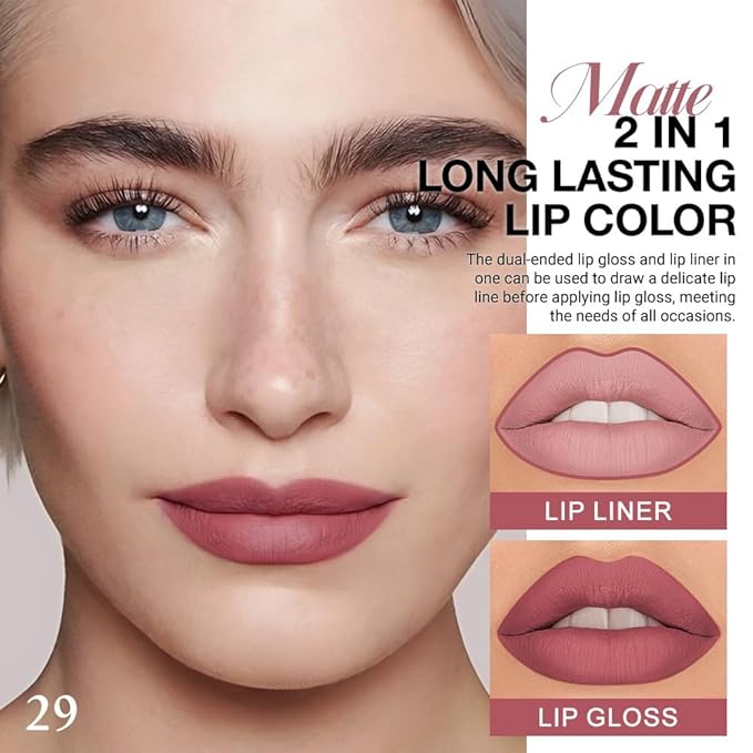 1Pcs 2 in 1 Antique Rose Matte Lip Liner and Liquid Lipstick Stain Makeup Set for women, Nude Pink Long Lasting Smudge Proof Lip Tint Matte Finish Lip Gloss for All-Day Color Hold Easy to Use 29#