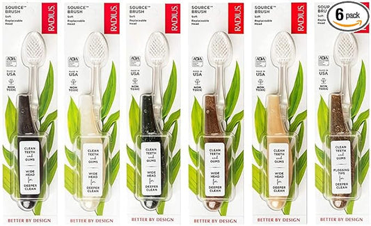 RADIUS Toothbrush Source Floss Brush BPA Free & ADA Accepted Improve Gum Health & Reduce Gum Issues - Soft - Assorted Colors - Pack of 6