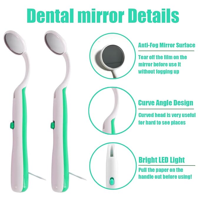 2 Pcs Dental Mirror with Light Tool LED Lighted Teeth Inspection Mirror Anti Fog Curve Angle Dentist Oral Care Tool (Green)