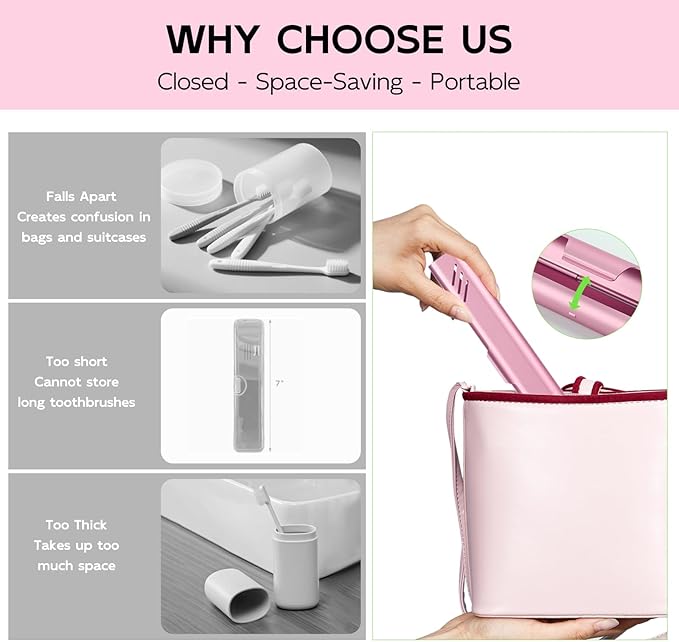 Travel Toothbrush Case, 2Pack Portable Toothbrush Holders, Durable Aluminum Toothbrush Storage Box, Small Breathable Manual Toothbrush Container for Traveling, Camping, Business Trip - Pink