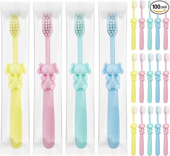 100 pcs Bulk Disposable Kid Toothbrushes Individually Wrapped, Toothbrushes Kids Toothbrush for Age 2+ Toddler Children Toothbrush Set Soft Bristles Boys Girls