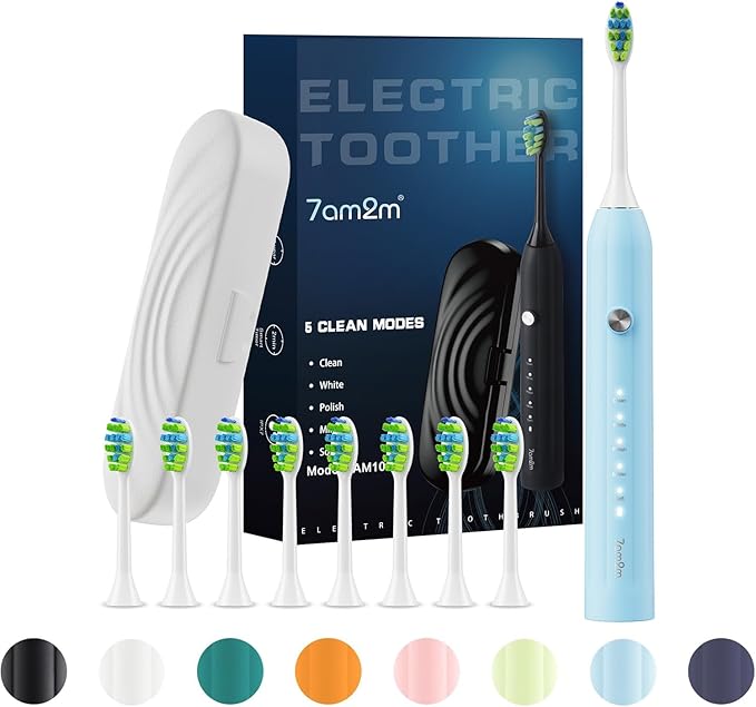 7AM2M Sonic Electric Toothbrush for Adults and Kids, with 8 Brush Heads and Travel Case,5 Modes with 2 Minutes Built in Smart Timer, One Charge Use for 90 Days, Rechargeable Toothbrushes (Light Blue)