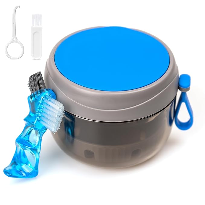 Denture Case, Leak Proof Denture Bath Cup for Travel, Grey Denture Container Cups for Soaking Full & Partial Dentures, Retainers, Mouth Guard with Denture Cleaner Brush, Aligner Removal Tool