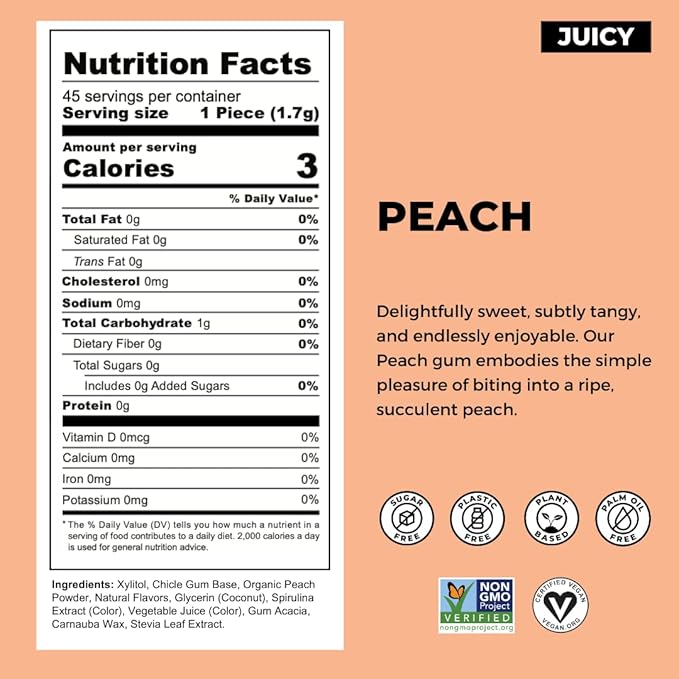 Refresh Gum, Xylitol, Natural, Sugar Free, Plastic Free, Natural Flavors & Organic Ingredients, Plant-Based, Low Calorie, Non GMO, Gluten Free, Vegan, Peach Flavor, 12 Pieces, 12 Pack