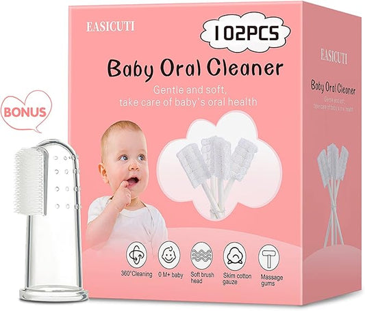 102PCS Baby Tongue Cleaner, Newborn Baby Oral Cleaner, Disposable Infant Gum Cleaner, Gauze Dental Care for 0-36 Months + 1 Finger Toothbrush with Case