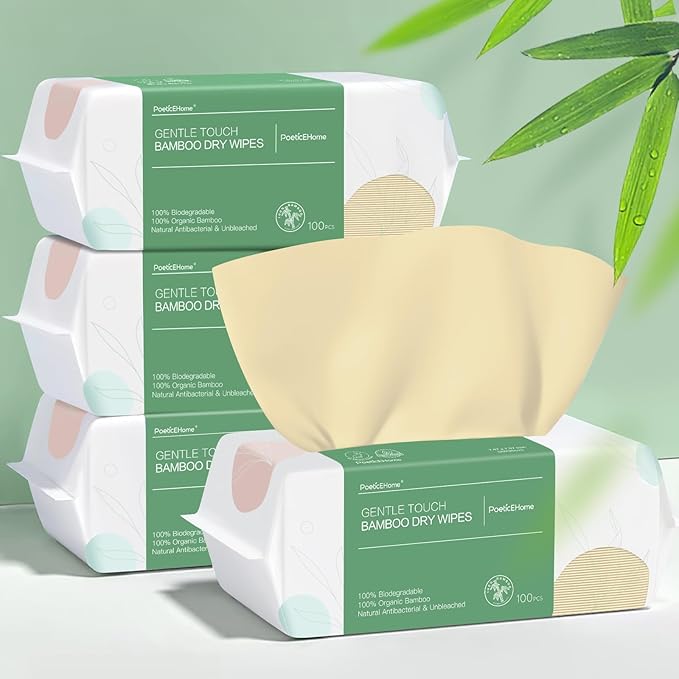 PoeticEHome Ultra-Soft Dry Baby Wipes for Sensitive Skin - Unscented & Unbleached Facial Tissue Cloths, Hypoallergenic - Wet or Dry Use, 400 Count