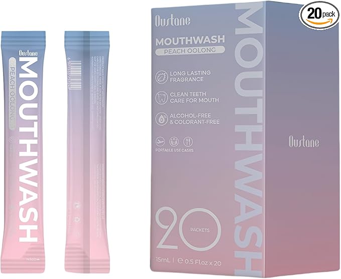 Protable Mouthwash Packets for Travel, Peach Oolong-Tea Flavor, Alcohol-Free, Non-Burning, 15ml/pcs 20 Single Use, TSA Approved for On-The-Go Fresh Breath, Perfect for Work, Gym& Date