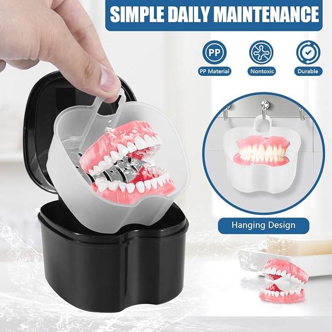 2 Pack Colors Denture Bath Case Cup Box Holder Storage Soak Container with Strainer Basket for Travel Cleaning (Blue and Black)