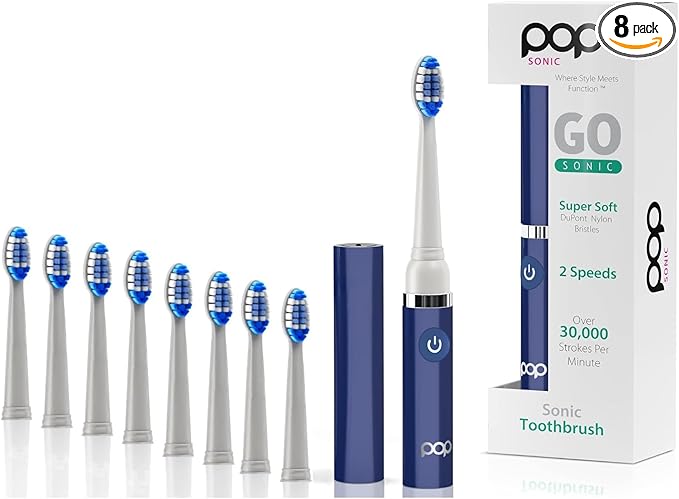 Pop Sonic Electric Toothbrush (Navy + 8 Brush Heads) - Travel Toothbrushes w/AAA Battery | Kids Electric Toothbrushes with 2 Speed & 15,000-30,000 Strokes/Minute, Dupont Nylon Bristles