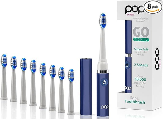 Pop Sonic Electric Toothbrush (Navy + 8 Brush Heads) - Travel Toothbrushes w/AAA Battery | Kids Electric Toothbrushes with 2 Speed & 15,000-30,000 Strokes/Minute, Dupont Nylon Bristles