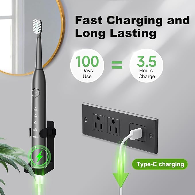 Rechargeable Electric Toothbrush, 8 Brush Heads, with 100 Day Battery Life, 5 Cleaning Modes, Fast Type-C Charging, Comes with Portable Travel Case & Holder, Black