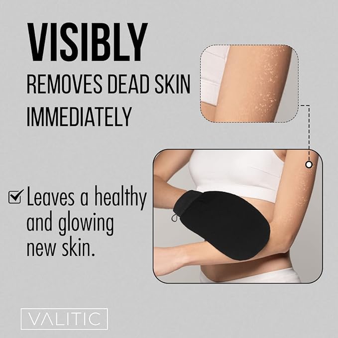 Valitic Exfoliating Glove Body Scrubber - Exfoliating Mitt Dead Skin Remover, Shower Face and Body Exfoliator - Korean Style Skin Scrubber Washcloth - Spray and Self Tan Remover, 1 Black