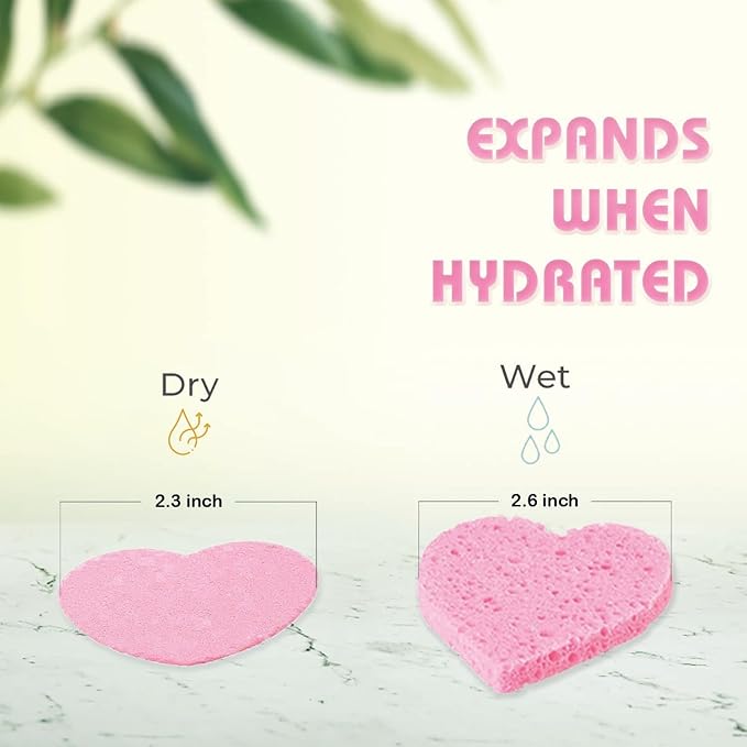 60-Count Compressed Facial Sponges | Makeup Remover Sponge | 100% Natural Cosmetic Spa Sponges for Facial Cleansing | Exfoliating Mask | Face Scrubber (Heart)