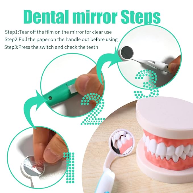2 Pcs Dental Mirror with Light Tool LED Lighted Teeth Inspection Mirror Anti Fog Curve Angle Dentist Oral Care Tool (Green)