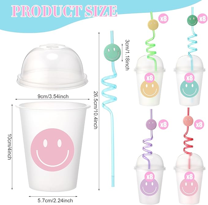 Yaomiao Smile Face Sipper Cups with Straws and Lids, 12 oz Clear Plastic Cups Happy Face Party Cups with Dome Lids Happy Party Favors for Kids, Tea, Coffee, Smoothie, Cold Drinks(32 Pack)
