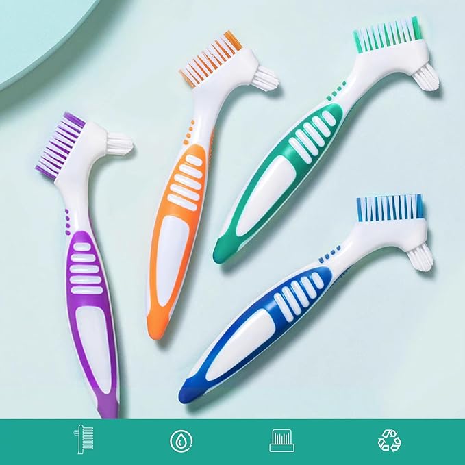 2Pcs Denture Brush Dual Head Toothbrushes False Teeth Brush Denture Cleaning Kit Toothbrush(Purple Green)