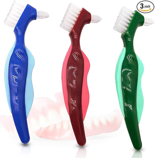 Premium Hard Denture Brush, Multi-Layered Bristles & Portable Double Sided Toothbrush for Denture Care (Pack of 3)