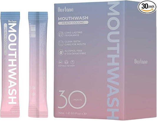Protable Mouthwash Packets for Travel, Peach Oolong-Tea Flavor, Alcohol-Free, Non-Burning, 15ml/pcs 30 Single Use, TSA Approved for On-The-Go Fresh Breath, Perfect for Work, Gym& Date
