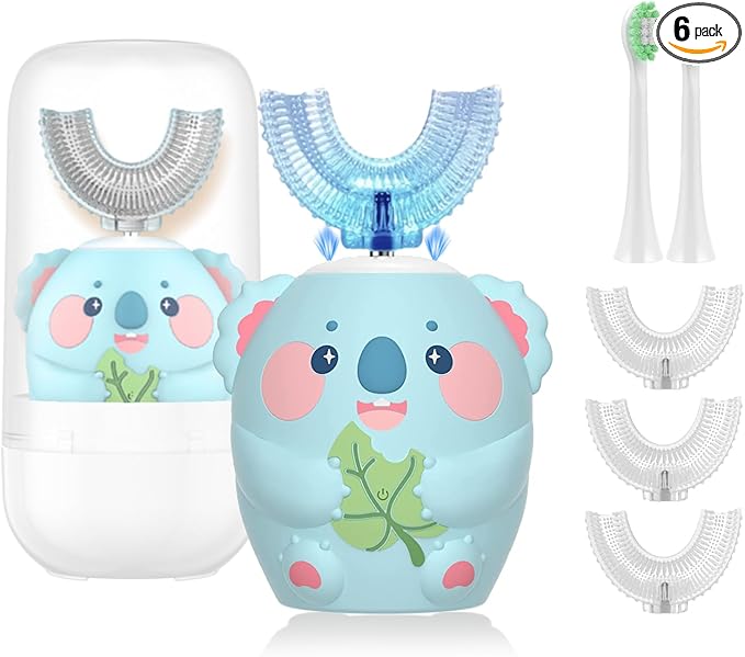 Kids Electric Toothbrush, U Shaped Toothbrush Kids Sonic Automatic Brush with 5 Brush Heads 6 Cleaning Modes IPX7 Waterproof Rechargeable Smart Timer for Children (Ages 8-14, Koala Cyan)