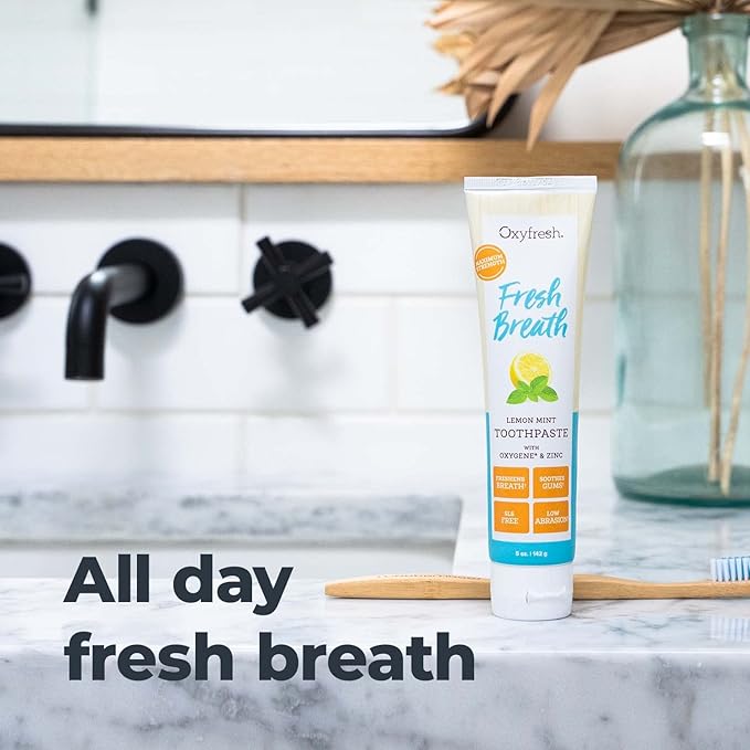 Oxyfresh Premium Lemon Mint Fresh Breath Toothpaste to Help Fight Bad Breath, Anti Plaque & Tartar Control - Low Abrasion Gel, SLS & Fluoride Free Toothpaste with Essential Oils, 5oz (Pack of 2)