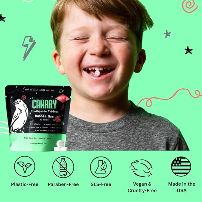 Canary Nano Hydroxyapatite Toothpaste Tablets Bubble Gum - Remineralizing, Fluoride Free, All Natural Tabs with Xylitol - Great for Kids, Plastic Free - 189 Count