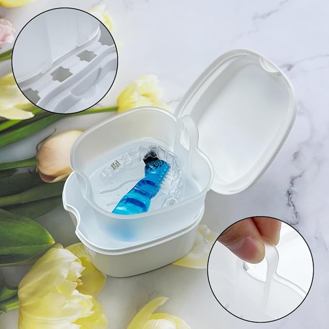 2pcs Denture Bath Retainer Case, Dentaure Cups for Soaking Dentures with Strainer Basket Tray,Compact and Pportable Design, Suitable for Traveling (White+Light Blue)