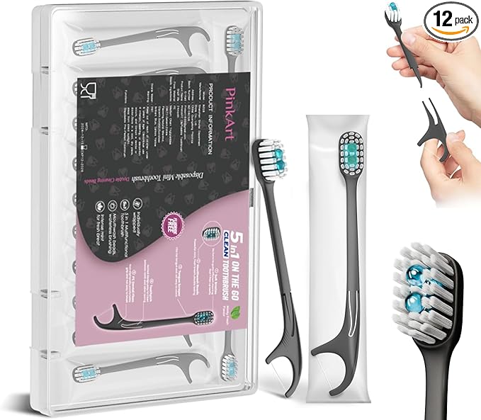 Pinkart 5 in 1 Disposable Toothbrushes with Toothpaste – Individually Wrapped Mini Travel Toothbrushes with Prepasted Toothpaste, Mouthwash Beads, Floss & Tongue Scraper | to-Go Oral Care (12 Count)