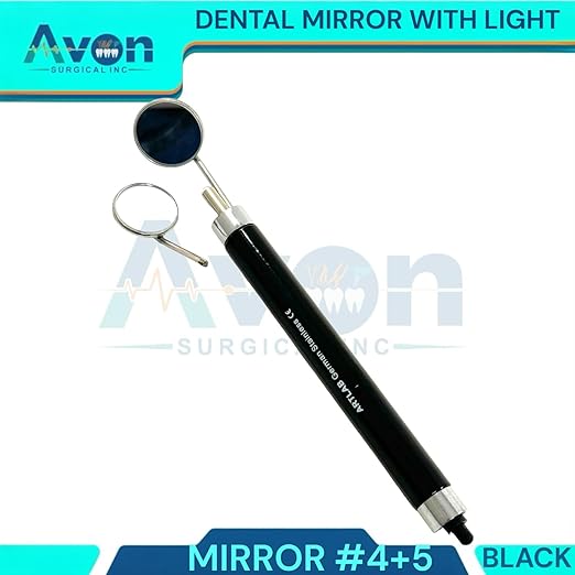 2 Pack - Dental Teeth Examination Mirror Handles with Mirror Heads #4 + #5 - with Illumination Light - Black and Blue Handles - German Stainless