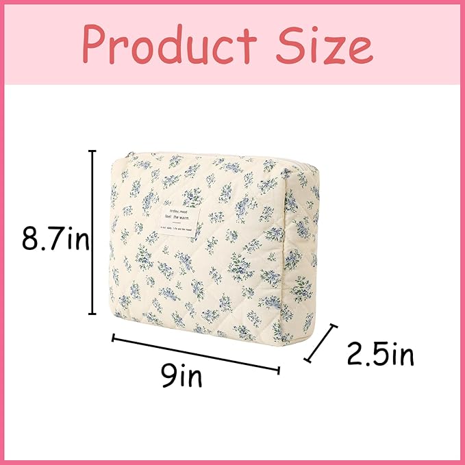 Quilted Cotton Makeup Bag 2Pcs Coquette Cosmetic Bag,Large Soft Floral Travel Toiletry Bag for Women and Girls(02 Blue flower)