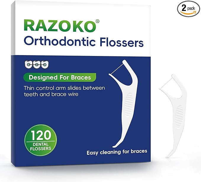 RAZOKO Orthodontic Flossers for Braces, Ortho Dental Floss Picks for Adults & Kids, Premium Thin Floss,Designed for Braces, Unflavored 120 Count
