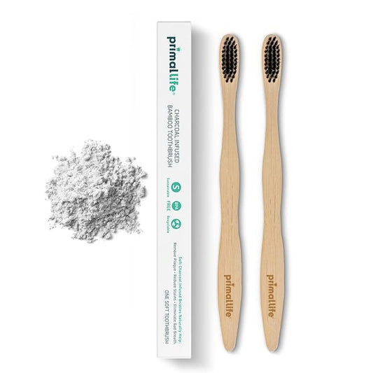 Primal Life Organics - Charcoal Toothbrush, Made with Charcoal & Bamboo, Biodegradable, BPA-Free, Perfect for Kids & Adults, Recyclable, Gently Massages Gums & Teeth, Zero Waste Toothbrush, (2-Pack)