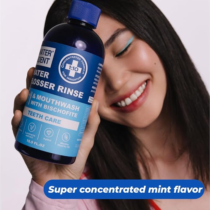 Concentrated Water flosser Rinse & Mouthwash | Add to Oral irrigator | Mint Flavor | When dilluted 186 fl.oz | Alcohol and Fluoride Free. Made in USA | Pack of 1 = 16.9 fl.oz WATER DENT