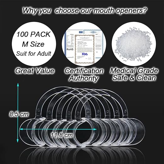 100-Pack Dental Cheek Retractor, Professional Autoclavable Mouth Opener Retractors, 100% BPA-Free, for Dentist, Teeth Whitening, Party, Mouthguard Challenge Game - Size M, Clear