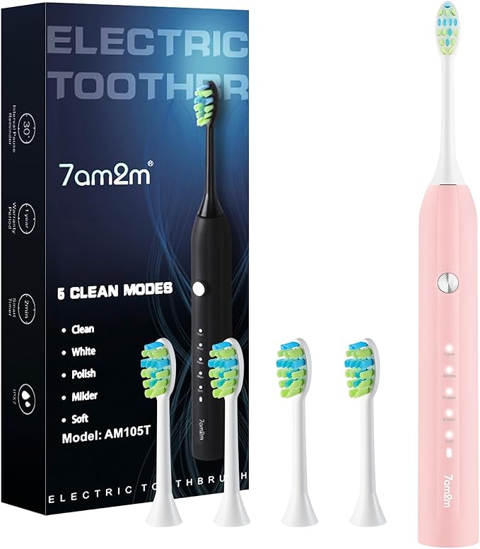 7AM2M Sonic Electric Toothbrush for Adults and Kids, USB-C Rechargeable with 4 Brush Heads & 5 Modes, One Charge for 90 Days, 40000 VPM High-Powered, 2 Minutes Built-in Smart Timer, Pink