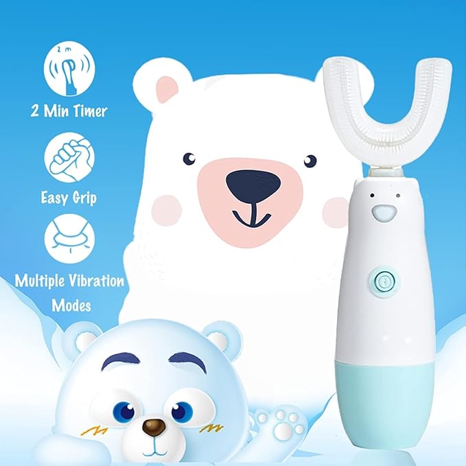 Kids Electric Toothbrush，Toddler Toothbrush Waterproof Battery Powered 360 Automatic Sonic u Shaped Toothbrushes for 2-7 Years Old for Boys Girls，with 2 Replacement Brush Heads（Blue）