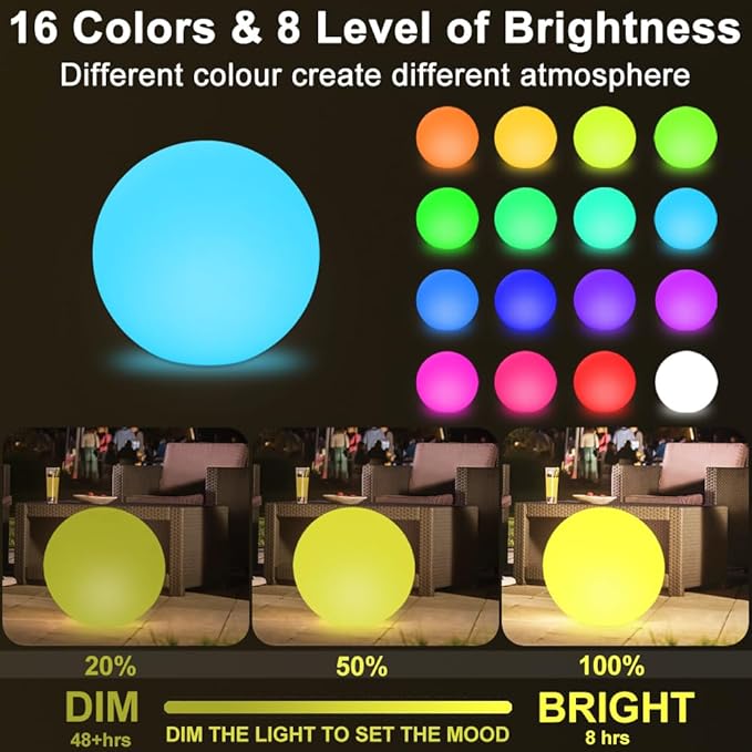 14-in LED Ball Light, Rechargeable Outdoor Globes Light Dimmable RGB Color Changing Globe Floor Lamp w/Remote, Modern Versatile LED Globe Orb Lights Waterproof Glowing Orb Lamp for Home Yard Lawn Path